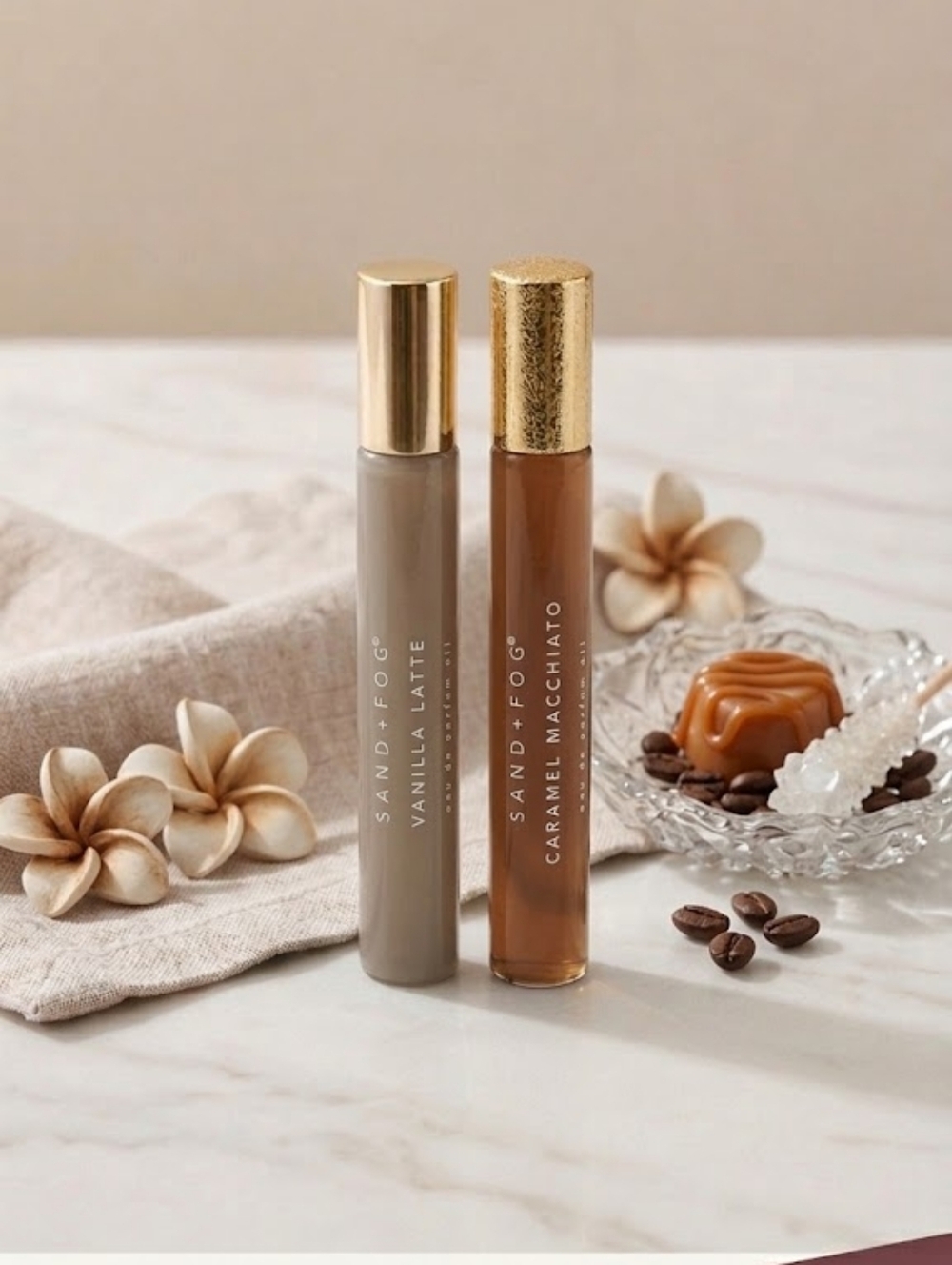 Sand + Fog Fragrance Body Oils-Vanilla Latte/Caramel Macchiato, 10ml Each (New)